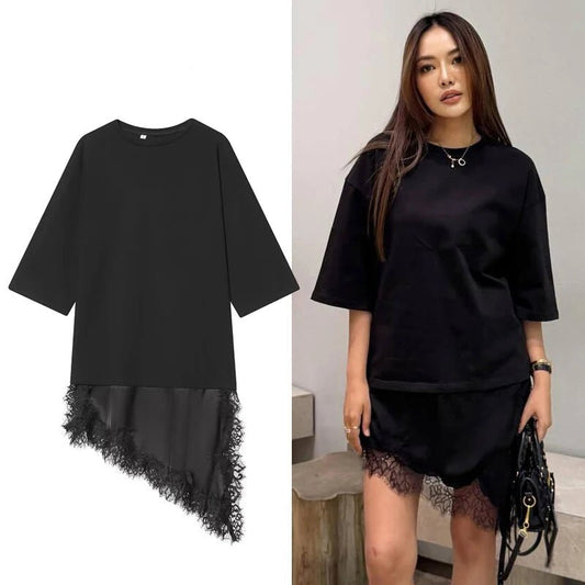 Asymmetric Lace-Trimmed T-Shirt