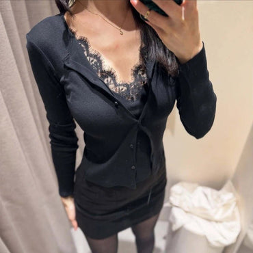 Vintage Lace-Trimmed Knit Cardigan