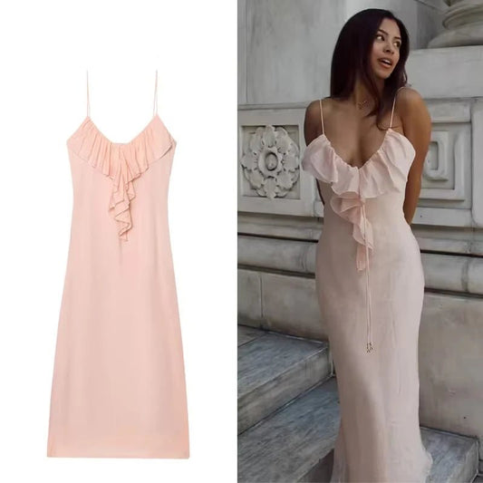 Elegant V-Neck Ruffle Slip Dress