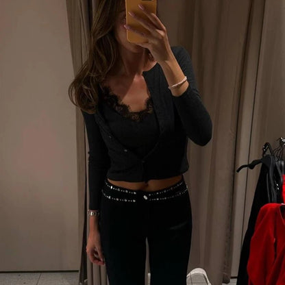 Vintage Lace-Trimmed Knit Cardigan