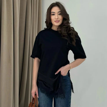 Asymmetric Lace-Trimmed T-Shirt