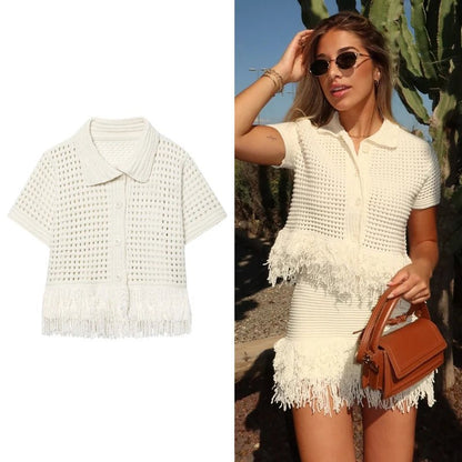 Pointelle Knit Tassel Jacket