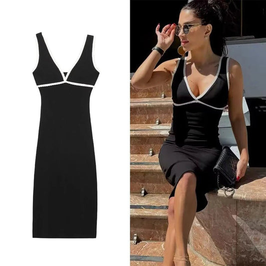 Contrast Trim V-Neck Midi Dress