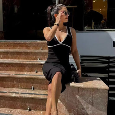 Contrast Trim V-Neck Midi Dress