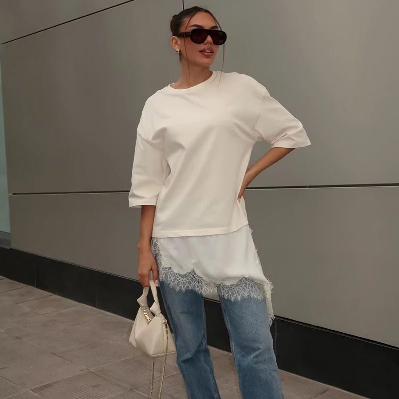 Asymmetric Lace-Trimmed T-Shirt