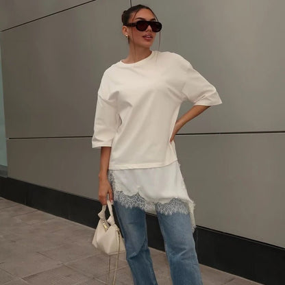 Asymmetric Lace-Trimmed T-Shirt