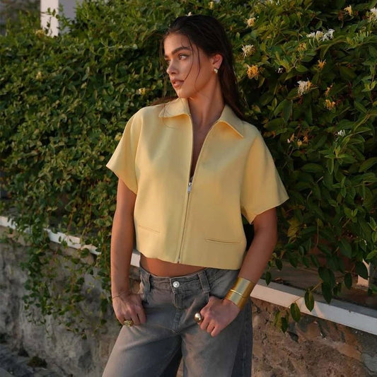 Structured Zip-Front Short Sleeve Jacket